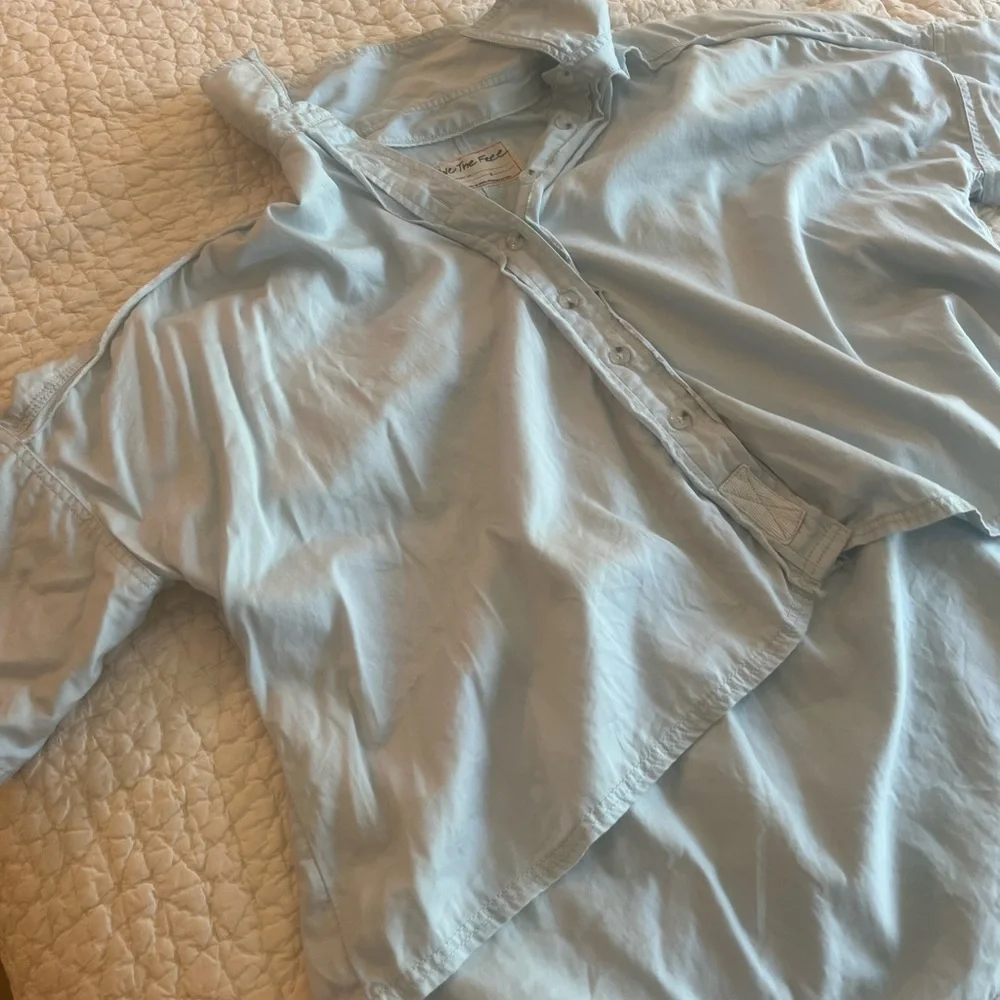 Free People Light Blue Button-Down Crop Shirt